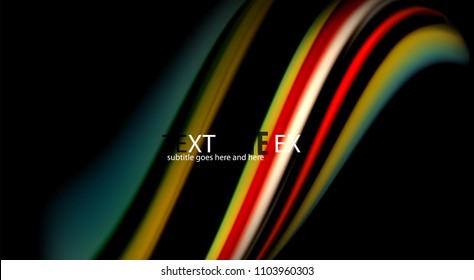 Fluid rainbow colors on black background, vector wave lines and swirls, artistic illustration for presentation, app wallpaper, banner or poster