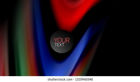 Colores de arcoiris fluidos sobre fondo negro, líneas de onda vectorial y remolinos, ilustración artística para presentación, fondo de pantalla de aplicación, pancarta o afiche
