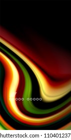 Colores de arcoiris fluidos sobre fondo negro, líneas de onda vectorial y remolinos, ilustración artística para presentación, fondo de pantalla de aplicación, pancarta o afiche