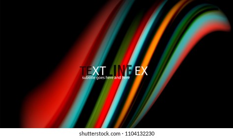 Colores de arcoiris fluidos sobre fondo negro, líneas de onda vectorial y remolinos, ilustración artística para presentación, fondo de pantalla de aplicación, pancarta o afiche