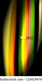 Colores de arcoiris fluidos sobre fondo negro, líneas de onda vectorial y remolinos, ilustración artística para presentación, fondo de pantalla de aplicación, pancarta o afiche