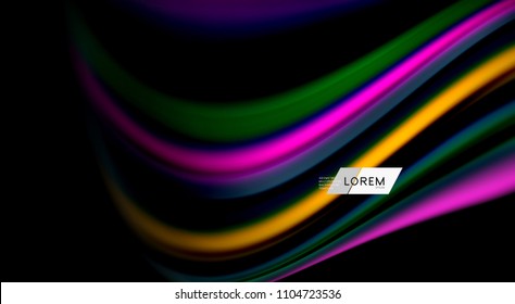 Fluid rainbow colors on black background, vector wave lines and swirls, artistic illustration for presentation, app wallpaper, banner or poster