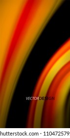 Colores de arcoiris fluidos sobre fondo negro, líneas de onda vectorial y remolinos, ilustración artística para presentación, fondo de pantalla de aplicación, pancarta o afiche