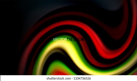 Colores de arcoiris fluidos sobre fondo negro, líneas de onda vectorial y remolinos, ilustración artística para presentación, fondo de pantalla de aplicación, pancarta o afiche