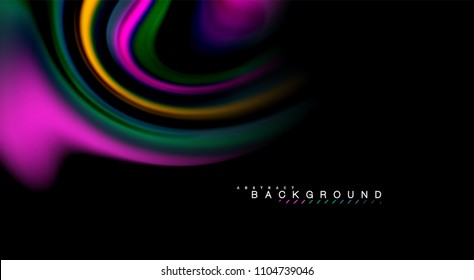 Colores de arcoiris fluidos sobre fondo negro, líneas de onda vectorial y remolinos, ilustración artística para presentación, fondo de pantalla de aplicación, pancarta o afiche