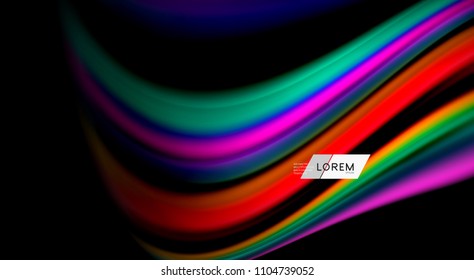 Colores de arcoiris fluidos sobre fondo negro, líneas de onda vectorial y remolinos, ilustración artística para presentación, fondo de pantalla de aplicación, pancarta o afiche