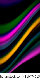 Cores de arco-íris fluidas em fundo preto, linhas de onda vetorial e redemoinhos, ilustração artística para apresentação, papel de parede do aplicativo, banner ou cartaz