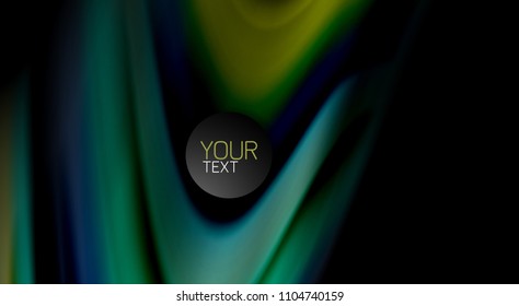 Colores de arcoiris fluidos sobre fondo negro, líneas de onda vectorial y remolinos, ilustración artística para presentación, fondo de pantalla de aplicación, pancarta o afiche