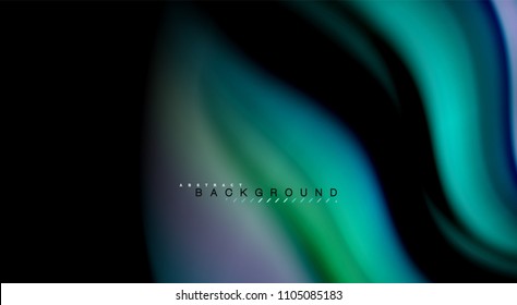 Flüssige Regenbogenfarben auf schwarzem Hintergrund, Vektorwellenlinien und -wirbel, künstlerische Illustration für Präsentationen, App-Tapeten, Banner oder Poster