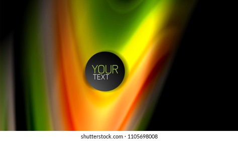 Colores de arcoiris fluidos sobre fondo negro, líneas de onda vectorial y remolinos, ilustración artística para presentación, fondo de pantalla de aplicación, pancarta o afiche