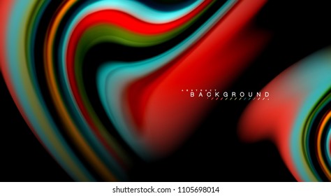Flüssige Regenbogenfarben auf schwarzem Hintergrund, Vektorwellenlinien und -wirbel, künstlerische Illustration für Präsentationen, App-Tapeten, Banner oder Poster