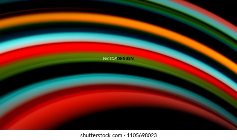 Cores de arco-íris fluidas em fundo preto, linhas de onda vetorial e redemoinhos, ilustração artística para apresentação, papel de parede do aplicativo, banner ou cartaz