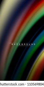 Colores de arcoiris fluidos sobre fondo negro, líneas de onda vectorial y remolinos, ilustración artística para presentación, fondo de pantalla de aplicación, pancarta o afiche