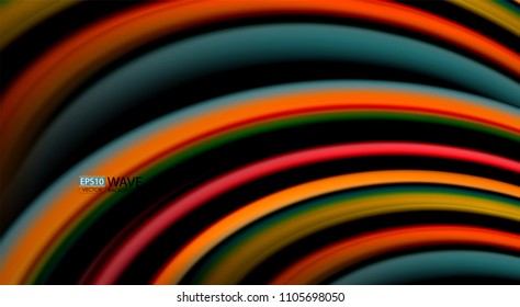 Fluid rainbow colors on black background, vector wave lines and swirls, artistic illustration for presentation, app wallpaper, banner or poster
