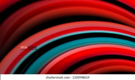Fluid rainbow colors on black background, vector wave lines and swirls, artistic illustration for presentation, app wallpaper, banner or poster