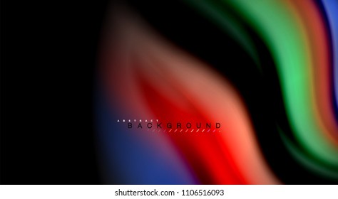 Colores de arcoiris fluidos sobre fondo negro, líneas de onda vectorial y remolinos, ilustración artística para presentación, fondo de pantalla de aplicación, pancarta o afiche