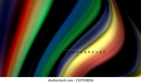 Fluid rainbow colors on black background, vector wave lines and swirls, artistic illustration for presentation, app wallpaper, banner or poster