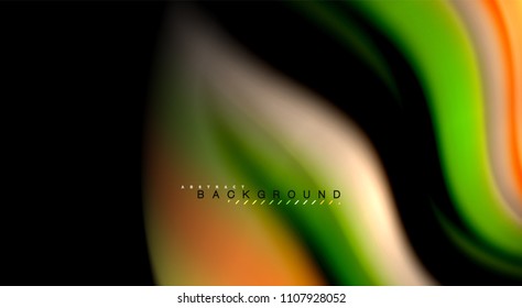 Colores de arcoiris fluidos sobre fondo negro, líneas de onda vectorial y remolinos, ilustración artística para presentación, fondo de pantalla de aplicación, pancarta o afiche