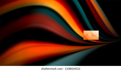 Colores de arcoiris fluidos sobre fondo negro, líneas de onda vectorial y remolinos, ilustración artística para presentación, fondo de pantalla de aplicación, pancarta o afiche