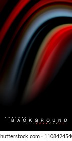 Colores de arcoiris fluidos sobre fondo negro, líneas de onda vectorial y remolinos, ilustración artística para presentación, fondo de pantalla de aplicación, pancarta o afiche