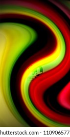 Colores de arcoiris fluidos sobre fondo negro, líneas de onda vectorial y remolinos, ilustración artística para presentación, fondo de pantalla de aplicación, pancarta o afiche