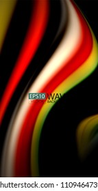 Fluid rainbow colors on black background, vector wave lines and swirls, artistic illustration for presentation, app wallpaper, banner or poster
