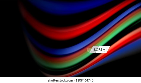 Cores de arco-íris fluidas em fundo preto, linhas de onda vetorial e redemoinhos, ilustração artística para apresentação, papel de parede do aplicativo, banner ou cartaz