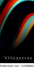 Colores de arcoiris fluidos sobre fondo negro, líneas de onda vectorial y remolinos, ilustración artística para presentación, fondo de pantalla de aplicación, pancarta o afiche