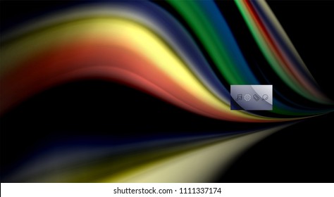 Flüssige Regenbogenfarben auf schwarzem Hintergrund, Vektorwellenlinien und -wirbel, künstlerische Illustration für Präsentationen, App-Tapeten, Banner oder Poster