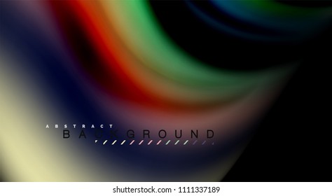 Colores de arcoiris fluidos sobre fondo negro, líneas de onda vectorial y remolinos, ilustración artística para presentación, fondo de pantalla de aplicación, pancarta o afiche