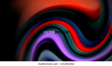 Colores de arcoiris fluidos sobre fondo negro, líneas de onda vectorial y remolinos, ilustración artística para presentación, fondo de pantalla de aplicación, pancarta o afiche