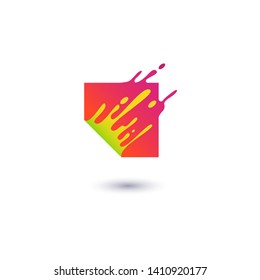 Fluid red square is splashing in motion flat style, vector illustration isolated on white background. Liquid filled foursquare geometric shape with color drops, abstract design element