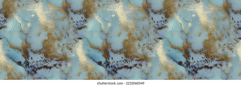 Fluid Seamless Background. Alcohol Ink Marble. Blue Marble Background. Golden Metal Glitter. Gold Seamless Watercolor. Modern Seamless Ink Painting. Foil Art Paint. Watercolor Marble. Gold Vector Ink