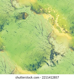 Fluid Seamless Repeat. Gold Art Paint. Metal Vector Ink Watercolor. Foil Marble Watercolor. Green Seamless Background. Marble Green Alcohol Ink. Luxury Water Color Canvas. Luxury Seamless Template.