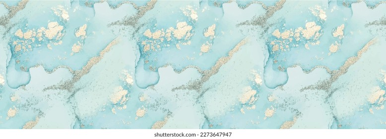 Fluid Seamless Texture. Marble Green Alcohol Ink. Gold Ink Paint. Foil Marble Background. Blue Abstract Watercolor. Golden Vector Ink Canvas. Copper Water Color Watercolor. Vector Seamless Template.