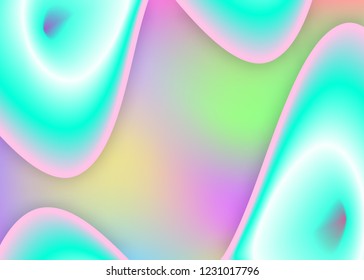 Fluid shape. Holographic 3d backdrop with modern trendy blend. Circle card, book frame. Vivid gradient mesh. Fluid shape background with liquid dynamic elements.