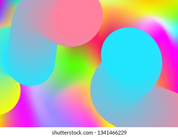Fluid shape. Holographic 3d backdrop with modern trendy blend. Vivid gradient mesh. Circle book, cover layout. Fluid shape background with liquid dynamic elements.