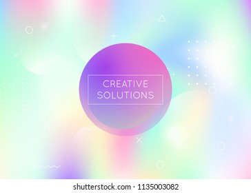 Fluid shapes background with liquid dynamic elements. Holographic bauhaus gradient with memphis. Graphic template for placard, presentation, banner, brochure. Iridescent fluid shapes background.
