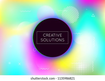 Fluid shapes background with liquid dynamic elements. Holographic bauhaus gradient with memphis. Graphic template for brochure, banner, wallpaper, mobile screen. Plastic fluid shapes background.