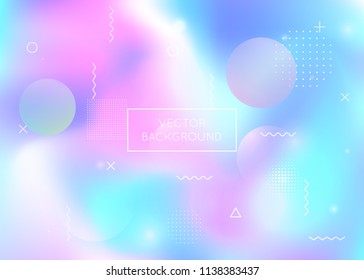 Flüssige Formen, Hintergrund mit flüssigen dynamischen Elementen. Holografischer Bauhausverlauf mit Memphis. Grafische Vorlage für Platzierung, Präsentation, Banner, Broschüre. Pearleszierende Flüssigkeit formt den Hintergrund.