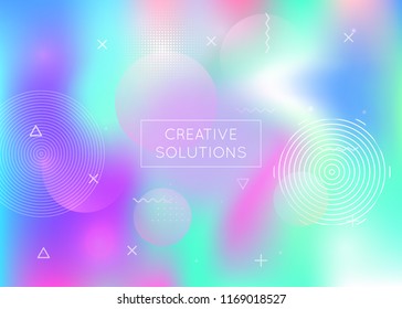 Fluid shapes background with liquid dynamic elements. Holographic gradient with memphis. Graphic template for book, annual, mobile interface, web app. Neon fluid shapes background.