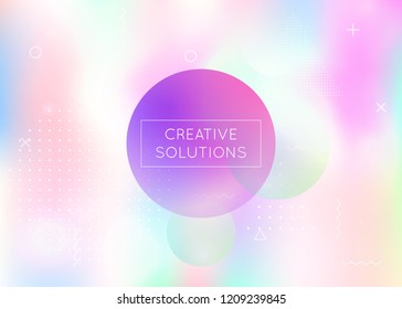 Fluid shapes background with liquid dynamic elements. Holographic bauhaus gradient with memphis. Graphic template for brochure, banner, wallpaper, mobile screen. Fluorescent fluid shapes background.