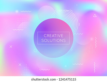 Fluid shapes background with liquid dynamic elements. Holographic bauhaus gradient with memphis. Graphic template for flyer, ui, magazine, poster, banner and app. Fluorescent fluid shapes background.