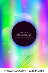 Fluid shapes background with liquid dynamic elements. Holographic bauhaus gradient with memphis. Graphic template for flyer, ui, magazine, poster, banner and app. Neon fluid shapes background.