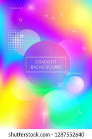 Fluid shapes background with liquid dynamic elements. Holographic bauhaus gradient with memphis. Graphic template for book, annual, mobile interface, web app. Iridescent fluid shapes background.