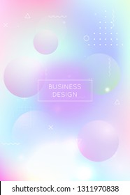 Fluid shapes background with liquid dynamic elements. Holographic bauhaus gradient with memphis. Graphic template for flyer, ui, magazine, poster, banner and app. Futuristic fluid shapes background.