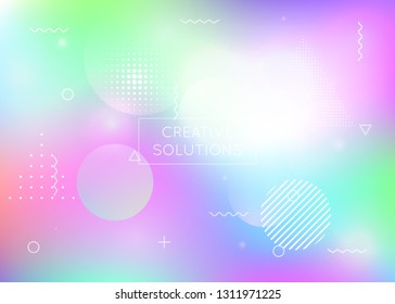 Fluid shapes background with liquid dynamic elements. Holographic bauhaus gradient with memphis. Graphic template for brochure, banner, wallpaper, mobile screen. Stylish fluid shapes background.