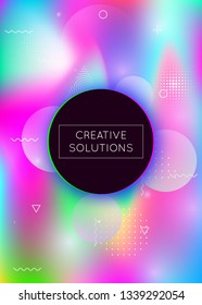 Fluid shapes background with liquid dynamic elements. Holographic bauhaus gradient with memphis. Graphic template for book, annual, mobile interface, web app. Neon fluid shapes background.
