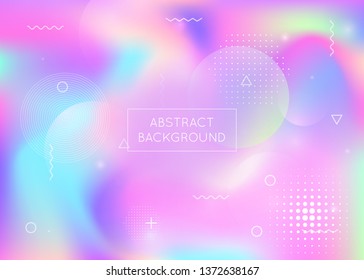 Fluid shapes background with liquid dynamic elements. Holographic bauhaus gradient with memphis. Graphic template for brochure, banner, wallpaper, mobile screen. Plastic fluid shapes background.