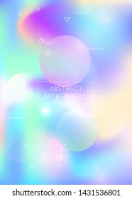 Fluid shapes background with liquid dynamic elements. Holographic bauhaus gradient with memphis. Graphic template for brochure, banner, wallpaper, mobile screen. Hipster fluid shapes background.